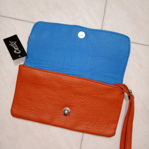 Leather London clutch bag new, handheld, blue and orange