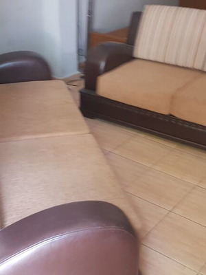 Sofa set Atlas leather and fabric 2-seater and 3-seater with glass table like new