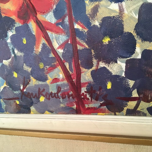 Oil painting Flowers used by Spyros Koukoulomatis (1917-1995)