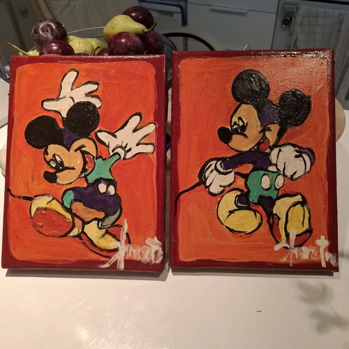 Mickey Mouse set of two handmade paintings with wooden frames and hanger