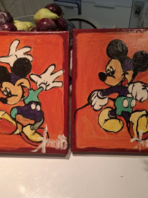 Mickey Mouse set of two handmade paintings with wooden frames and hanger