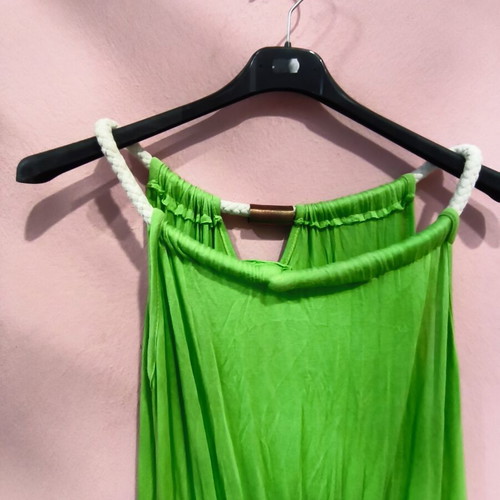 Green long dress with gold detail used, one size cotton elastic