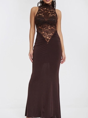 Φόρεμα Maxi με Δαντέλα Decoro καφέ σκουρό, καινούργιο, One Size