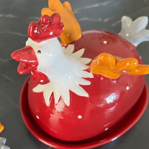 Ceramic Easter butter dish and salt pepper set new with red and white hens