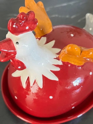 Ceramic Easter butter dish and salt pepper set new with red and white hens