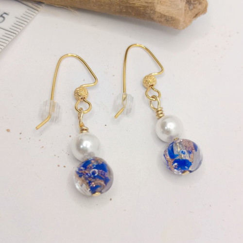 Handmade earrings with cobalt Murano glass beads and white pearls gold plated new