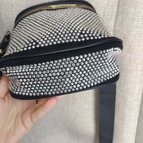 Black crossbody bag with embossed silver rhinestones