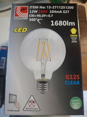 Διακοσμητική λάμπα LED Filament G125 E27 12W θερμό φως καινούργια