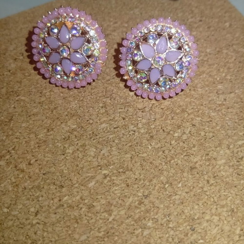 Round handmade earrings with lilac flower and rhinestones