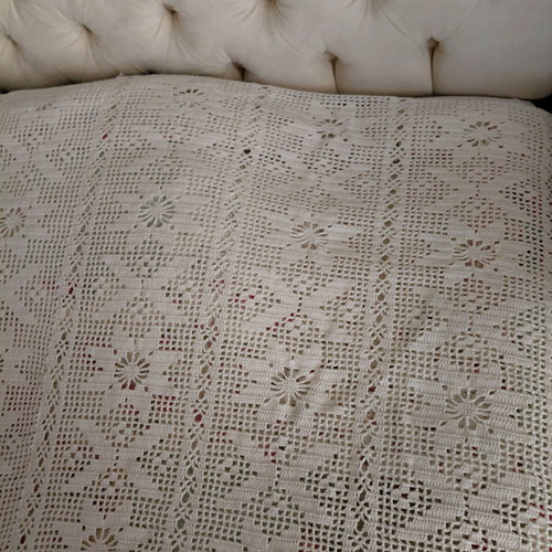 Handmade vintage quilt cotton, new, ecru with crochet pattern