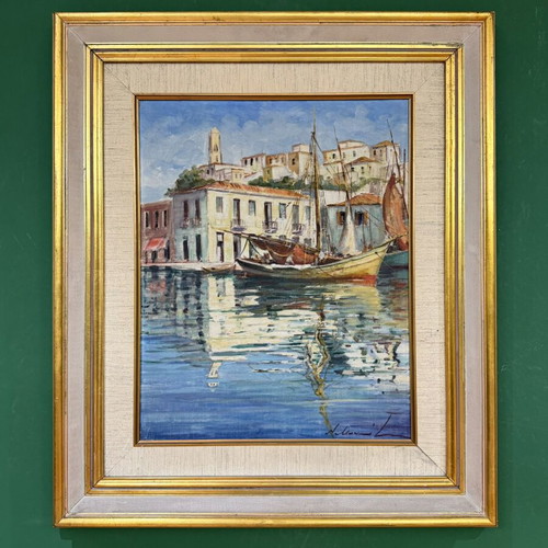 Νίκος Μανιάτης ελαιογραφία μεταχειρισμένη, θέμα Πόρος, σε κορνίζα