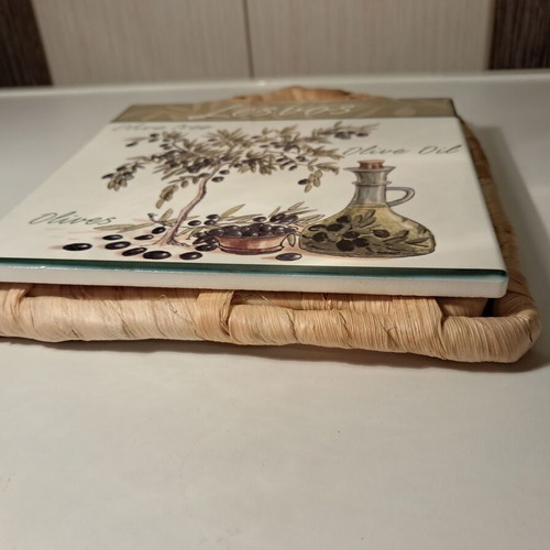Lesvos souvenir decorative kitchen tile with wicker base new
