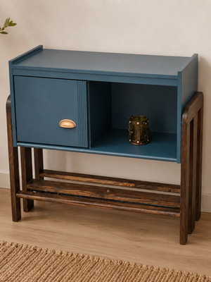 Κομοδίνο mid century Danish design μεταχειρισμένο, πετρόλ και σκούρα καρυδί απόχρωση