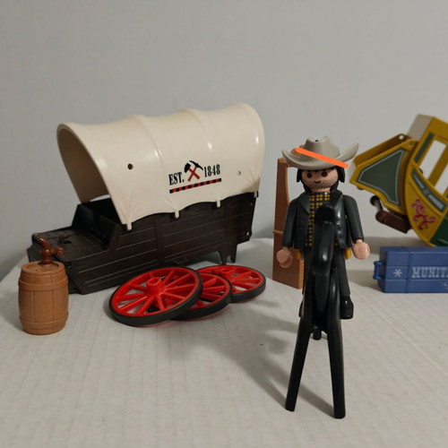 Playmobil cowboy pack used, missing hat and wagon parts