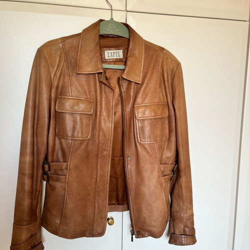 Lapel leather jacket used, brown, size medium