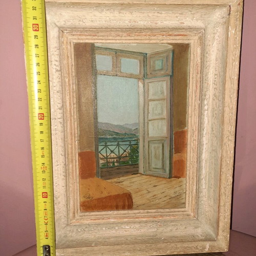 Hand-painted artwork 'View from the Window' with wooden frame