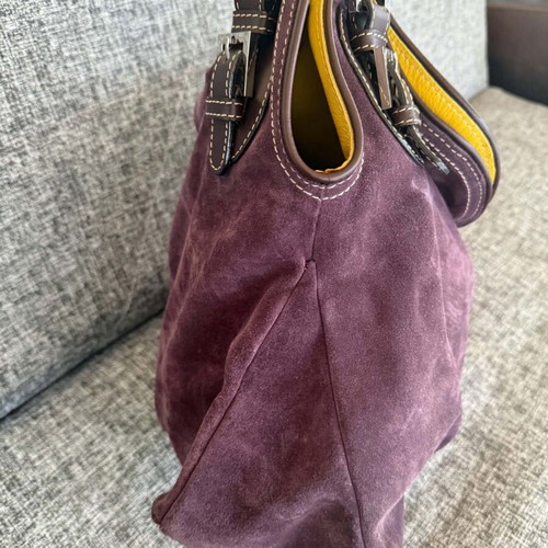 KEM suede and leather handbag used, purple and yellow