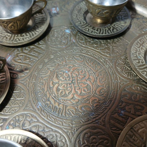 Coffee set bronze vintage used, 6 cups, saucers and briki