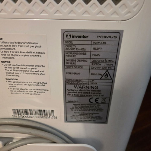 Inventor Primus PM-WUI-16L dehumidifier like new, 16lt/day, WiFi