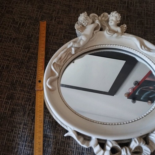 Vintage mirror with angels used, white-beige resin-like material