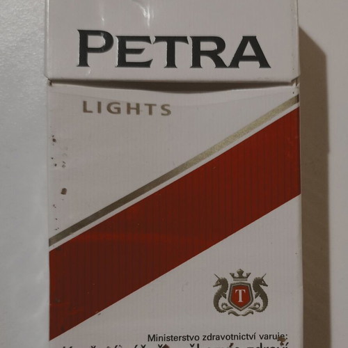 Petra Lights cigarette pack used, empty, hard case