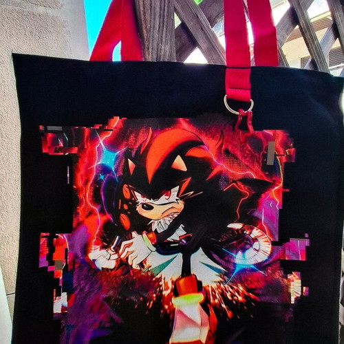 Shadow tote bag new, black canvas with red handles and D ring