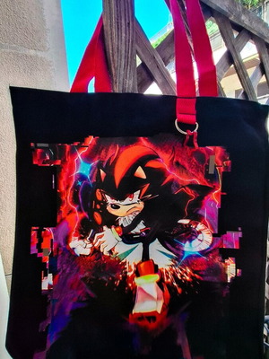 Shadow tote bag new, black canvas with red handles and D ring