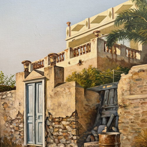 Oil painting by Antonis Voumbakis used, neoclassical island house