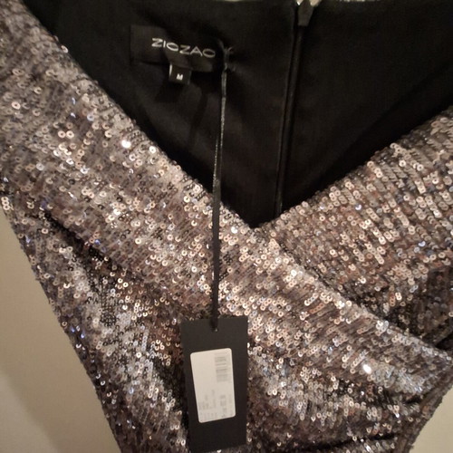 Zic Zac Midi Silver Sequin Dress New, Size M, Fitted, Off Shoulder