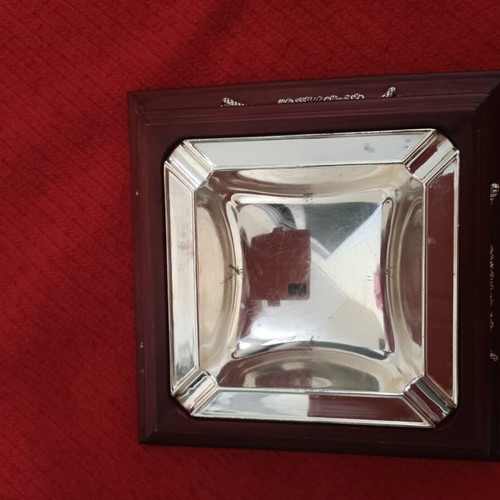 Metal ashtray used with wooden base silver color