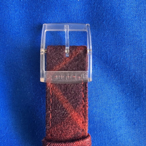 Swatch automatic wristwatch, red fabric and leather strap