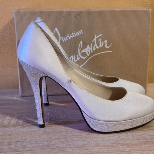 Christian Louboutin women's ivory satin high heels with Swarovski crystals