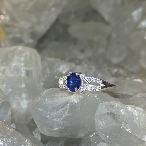 Handmade silver ring with natural blue sapphire and moissanites size 8