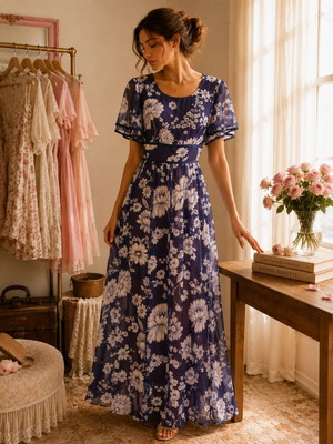 Vintage maxi floral dress blue M used