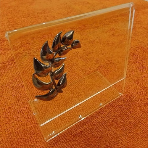 Plexiglass photo frame new, tabletop with silver decorative branch
