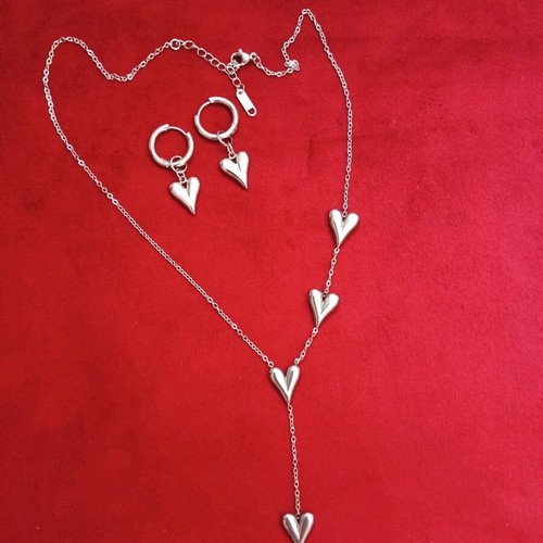 Necklace and earrings set heart-shaped stainless steel new, silver