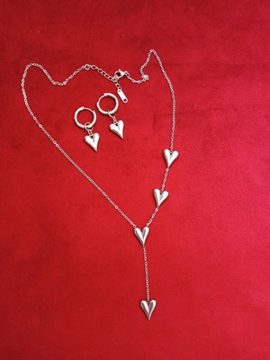 Necklace and earrings set heart-shaped stainless steel new, silver