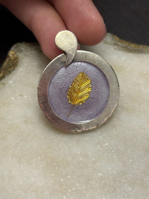 Silver pendant s950 used with enamel and 24K gold leaf