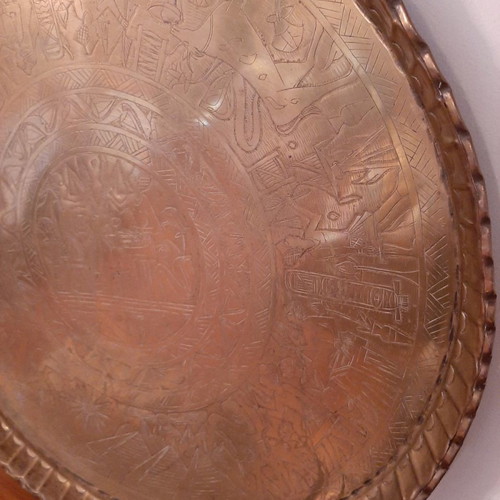 Bronze tray used with Egyptian designs and folding wooden stand