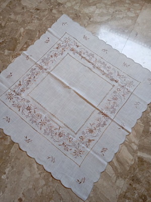 Ecru semi-linen tablecloth with beige floral embroidery and handmade cutwork