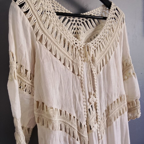 Boho kimono beach cover-up with crochet details, like new, beige