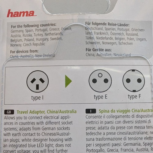 Travel adapter Type 1 (China Australia to type EF) new