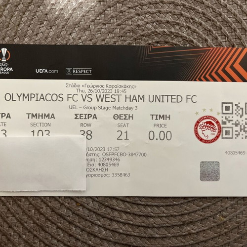 Olympiacos vs West Ham match ticket used Europa League