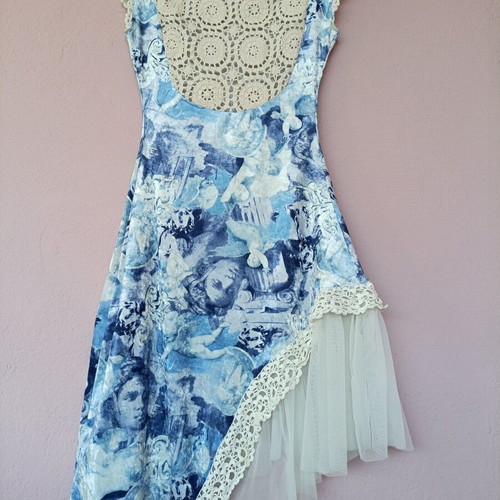 Baroque Vintage Velvet Dress with Handmade Lace Cherub Print M