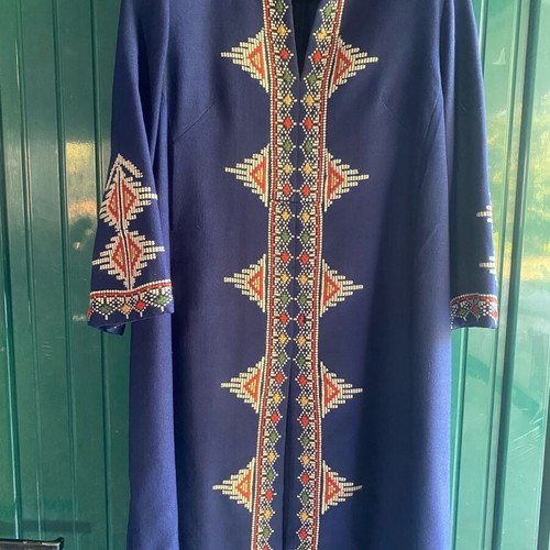 Traditional wool woven dress used, handmade embroidery, blue, size XXL