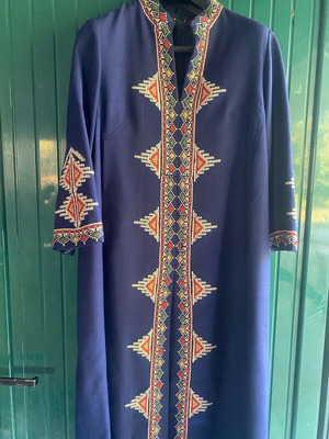 Traditional wool woven dress used, handmade embroidery, blue, size XXL