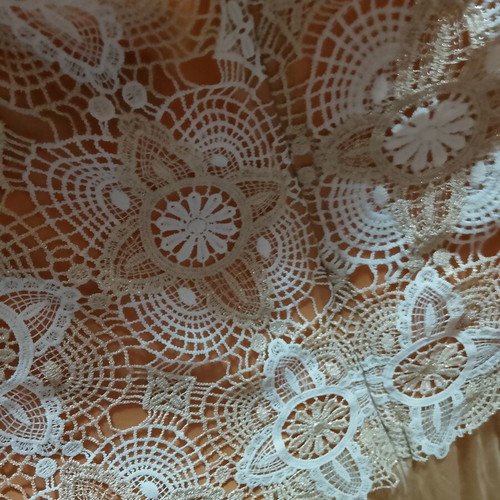 Mitropoulos dress like new, beige with crochet lace and pearls