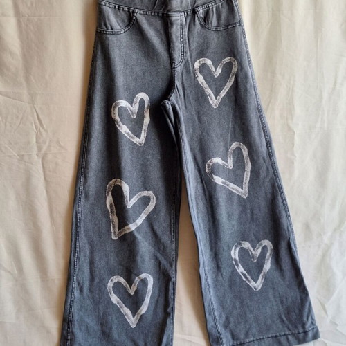 H&M Kids Grey Jeggings Pants with White Heart Prints, Wide Leg, Age 10-11, 146cm
