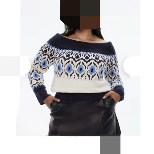 Wool cashmere pullover new, white and blue, size L-XL