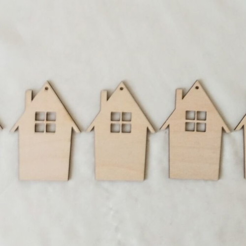 Wooden house shapes with windows, laser-cut, set of 5